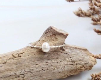Stacking Real Pearl Ring: Sterling Silver Ring, Thin Ring, Tiny Gemstone Chain Ring, Petite Freshwater Pearl Layering Ring, Handmade Gift