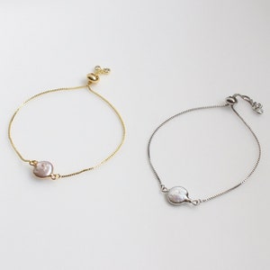 Dainty Freshwater Pearl Bracelet: Baroque Coin Pearl with Gold or Silver Chain, Minimalist Wedding Jewelry, Gift for Her