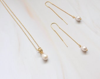 Pearl Necklace Earrings Set, Real Freshwater Pearl Pendant Necklace, Pearl Threader Earrings, Long Pearl Earrings, Wedding Jewelry