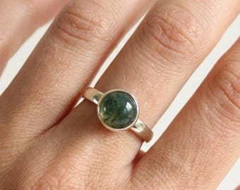 Anillo auténtico de ágata musgosa, joyería de piedra preciosa verde natural, regalo minimalista para ella, delicado anillo de cristal.