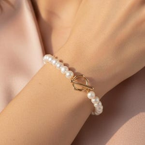 Beaded Stack Freshwater-Pearl Toggle Clasp Bracelet, Classic Pearl Bracelet, Minimalist Bridal Jewelry, June Birthstone Gift-for-Her