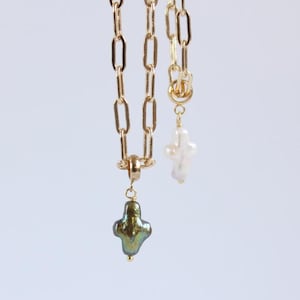 Baroque Pearl Bracelet Necklace: Personalized Cultured Cross Pearl Jewelry Gift Set, Minimalist Paperclip Bracelet, Statement Pearl Gift