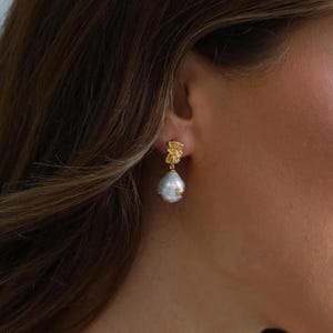 Gold Leaf Baroque Pearl Drop Earrings, Artisan Pearl Earrings, Gold Dipped Pearl Dangle Stud Earrings, Authentic Baroque Pearl Gift For Her