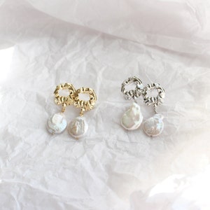 Gold Baroque Pearl Dangle Earrings: June Birthstone Wedding Jewelry