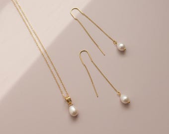 Real Pearl Necklace and Earrings Set, Freshwater Pearl Jewelry, Bridal Set, Dainty Gold Jewelry for Her, June Birthstone, Bridesmaid Gift