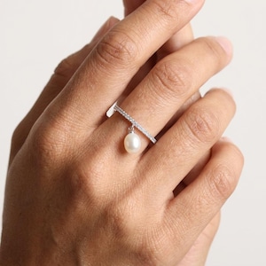 Pearl Dangle Ring: Freshwater Pearl Charm Ring, Drop Ring, Sparkle Ring Silver, Unique Gemstone Ring