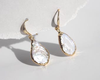Teardrop Baroque Pearl Earrings, Large Freshwater-Pearl Drop Earring, Bridal Wedding Jewelry, Organic Gemstone Dangles
