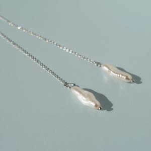 Long Threader Earrings, Minimalist Delicate Pearl Drops, Simple Everyday Jewelry Gift-for-Her, June Birthstone Earring Dangles