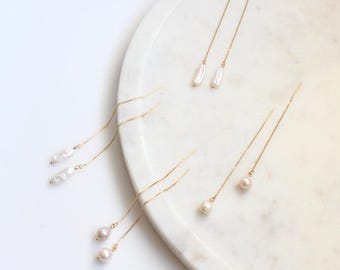 Pearl Threader Earrings, Minimalist Gold Chain Pull Through Drop Earring, Baroque Pearl Bridal Wedding Jewelry Gift