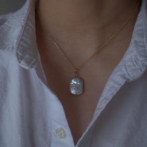 Rectangular Baroque Pearl Pendant Necklace: Iridescent Gold Dipped Pearl Charm, Statement Freshwater Pearl Jewelry