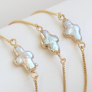 Pearl Cross Charm Bracelet, Cross-Shaped-Pearl, Freshwater Cultured Pearls in Gold Dipped, Minimalist Jewelry Gift-for-Her