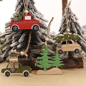 Christmas Wooden Animal and Car Ornaments Set – Cute Cartoon Elk, Dog, and Festive Vehicles for Tree Decoration | Rustic Holiday Decor