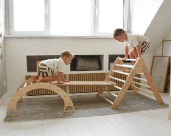 Wooden climbing triangle SET of 3 Montessori triangle with slide and arch rocker Montessori climber toys Klettergerüst indoor Kletterdreieck
