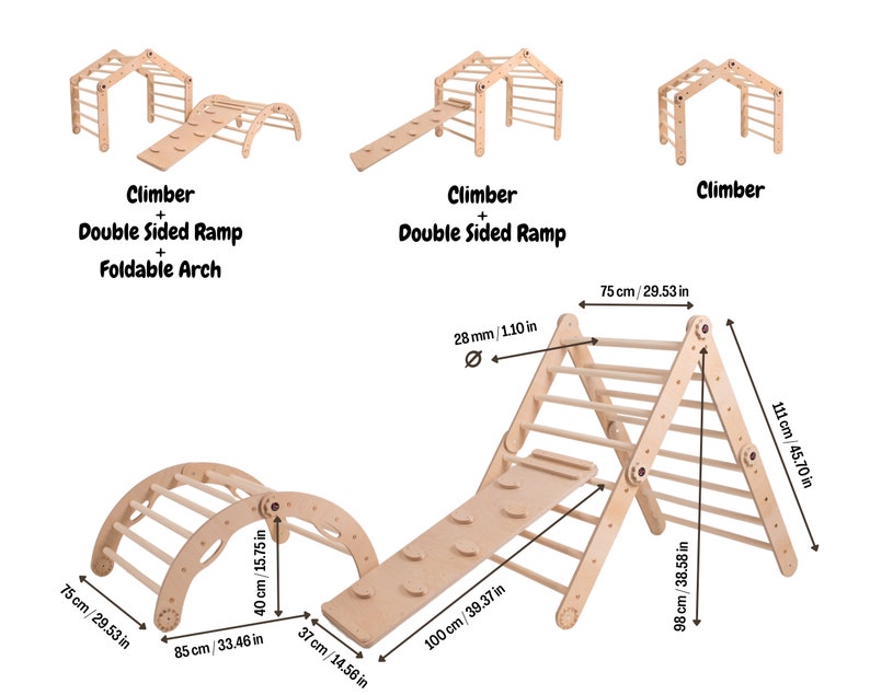 Adjustable Climbing Triangle Set with Ramp and Arch Montessori Transformable Wooden Triangle Climbing Ladder Baby Gym Activity Climber