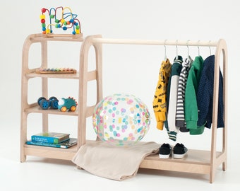 Montessori Wooden Clothing Rack and Shelf, Toddler Wardrobe