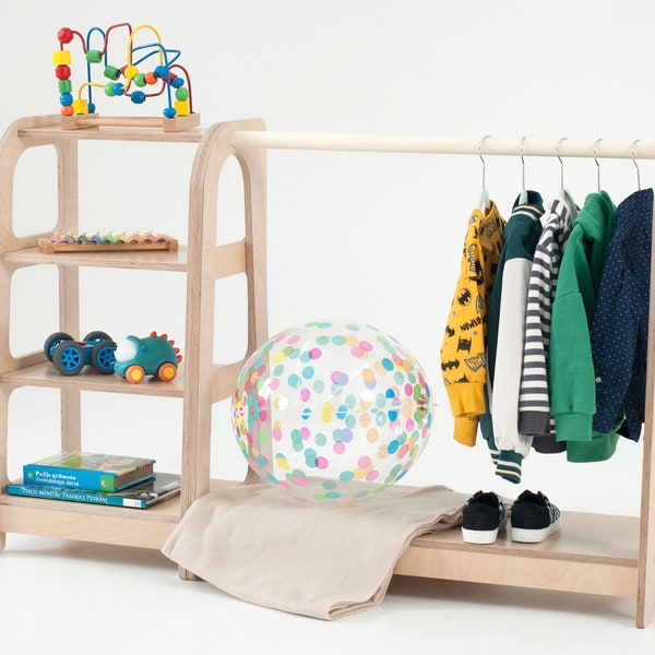 Toddler wardrobe and Montessori bookshelf Montessori wardrobe Montessori clothing rack Montessori furniture Wood clothing rack Baby bookcase