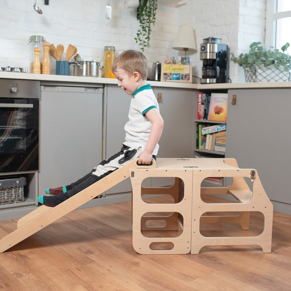Toddler helper tower 4in1 Kitchen tower - Table - Chalk board - Slide Montessori furniture Convertible helper tower Kitchen step stool
