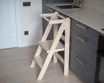 Folding learning kitchen tower with chalkboard Foldable Kids Tower Toddler Step Stool Adjustable Height Helper Kitchen standing stool