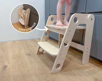 Folding Wooden Kids Step Stool: Montessori Toddler Tower for Learning