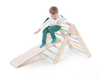 Triangolo da arrampicata in legno SET da 3 Triangoli Montessori con scivolo e arco a dondolo Giochi da arrampicata Montessori Klettergerüst indoor Kletterdreieck