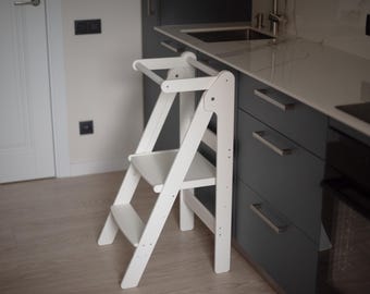 Folding Kitchen Tower: Montessori Wooden Step Stool with Chalkboard