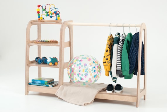Montessori Kid Clothing Rack & Shelf, Wooden Wardrobe