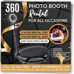 Volantino per cabina fotografica a 360° / Modello di noleggio modificabile / Design Canva per eventi