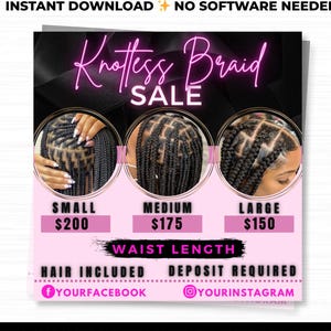 Knotless Braid Flyer | Editable Hair Price List | Canva Template for Braiders