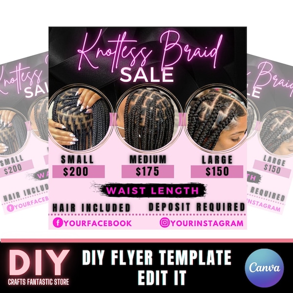 Knotless Braid Flyer - Vente de bricolage - Promo coiffeur - Annonce de réservation de salon