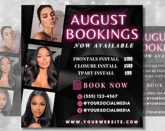 August Bookings Now Available Flyer, DIY Summer Book Now Appointments Beauty Hair Lashes Wigs Make Up Nails Social Media Canva Template