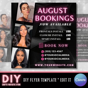August Bookings Now Available Flyer, DIY Summer Book Now Appointments Beauty Hair Lashes Wigs Make Up Nails Social Media Canva Template