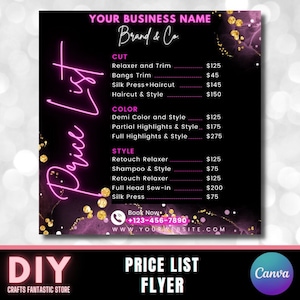 Price List Template | DIY Small Business Printable Pricing Guide Sheet Beauty Salon Nail Makeup Hair Stylist Editable Canva Template