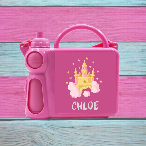 Personalised Children's Lunch Box with Water Bottle, Available in Pink Or Blue With Any Name And Various Designs. 1st Day At School, Picnic