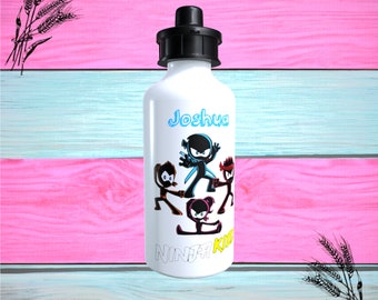 Printed 600ml Ninja Kidz Aluminium Water Bottle, Any Name, Available In White Or Silver With Blue Or Pink Text