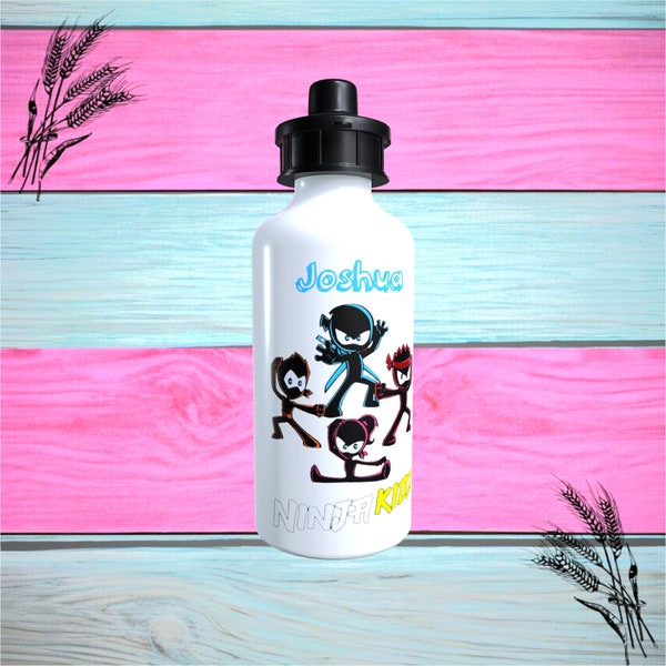 Printed 600ml Ninja Kidz Aluminium Water Bottle, Any Name, Available In White Or Silver With Blue Or Pink Text
