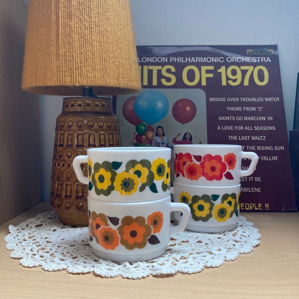 Vintage 1960s 1970s Arcopal France Floral Milk Glass Coffee Tea Hot Chocolate Mugs Cups