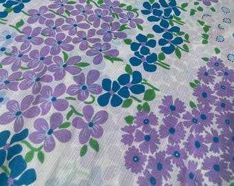 Vintage 1960s 1970s Floral Tablecloth Purple Blue Green Fabric Haberdashery Fabric Sewing Crafts