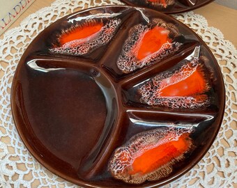 Vintage Lava Glaze 1970s Sectional Ceramic Pottery Snack Tray Plate Serving Platter Dish