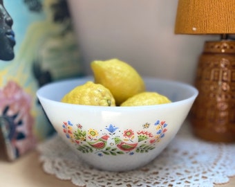 Vintage 1960s 1970s Arcopal France Scandinavian Scandi Bird and Flower Milk Glass Bowl Serving Dish