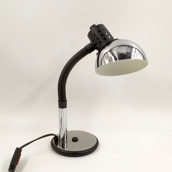 Lampe de Bureau Aluminor Métal chromé & Noir Bras Flexible - Années 70-80 Vintage + Ampoule LED