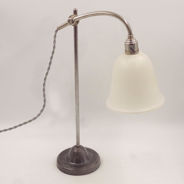 Lampe de Bureau Monte et Baisse Pied Fonte Abat-jour Plastique Plastopal - Vintage Années 40-50 + Ampoule LED