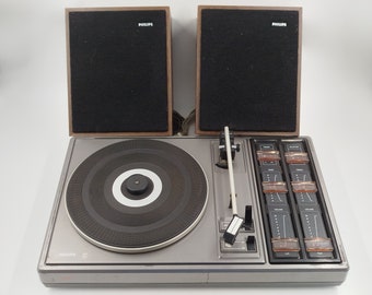 Philips 461 Gris Noir Tourne Disque Electrophone Platine Vinyle Enceintes Bois Vintage Années 70