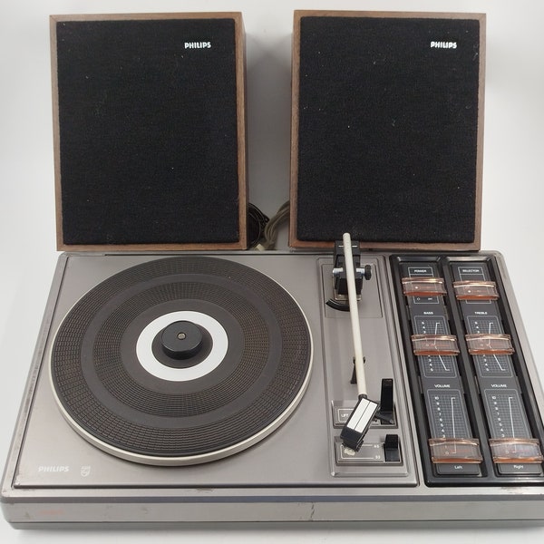 Philips 461 Gris Noir Tourne Disque Electrophone Platine Vinyle Enceintes Bois Vintage Années 70