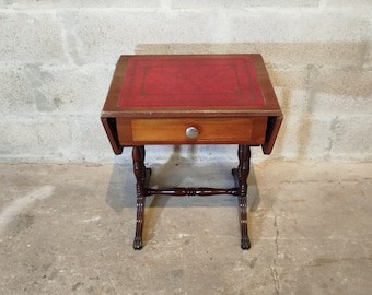 Petite Table d'Appoint A Rabats Table Regency Bois et Cuir Vintage Années 60 Hauteur 52 cm