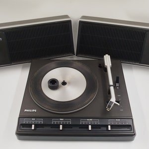 Philips Stéréo 351 Gris Noir Tourne Disque Electrophone Platine Vinyle Enceintes Bois Vintage Années 70