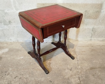 Petite Table d'Appoint A Rabats Table Regency Bois et Cuir Vintage Années 60 Hauteur 52 cm