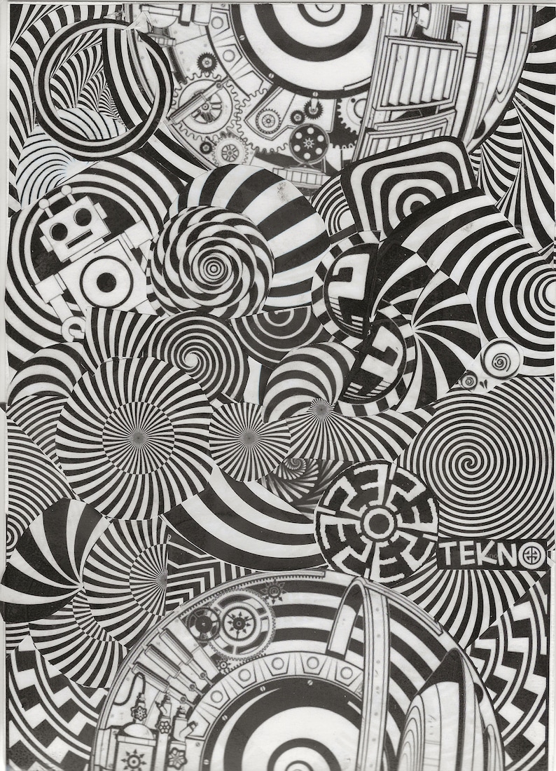 K&ouml;nnte beinhalten: Schwarz-wei&szlig;e abstrakte Kunst mit einer Vielzahl geometrischer Formen, darunter Spiralen, Kreise und Streifenmuster. Das Design enth&auml;lt mechanische Elemente wie Zahnr&auml;der und einen Roboter, mit dem Wort "TEKNO" sichtbar.