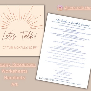 Peut inclure: Une illustration rose et orange d'un soleil avec le texte "Let's Talk!" et "CAITLIN MCNALLY, LCSW" en dessous. Le texte "Therapy Resources: Worksheets Handouts Art" est dans une boîte blanche sous l'illustration.