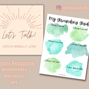 May include: A printable grounding guide with watercolour-style backgrounds. The guide includes prompts to list things you can see, feel, hear, smell, and taste. It also includes a prompt to take five slow, deep breaths. The text "My Grounding Guide" is at the top of the page.