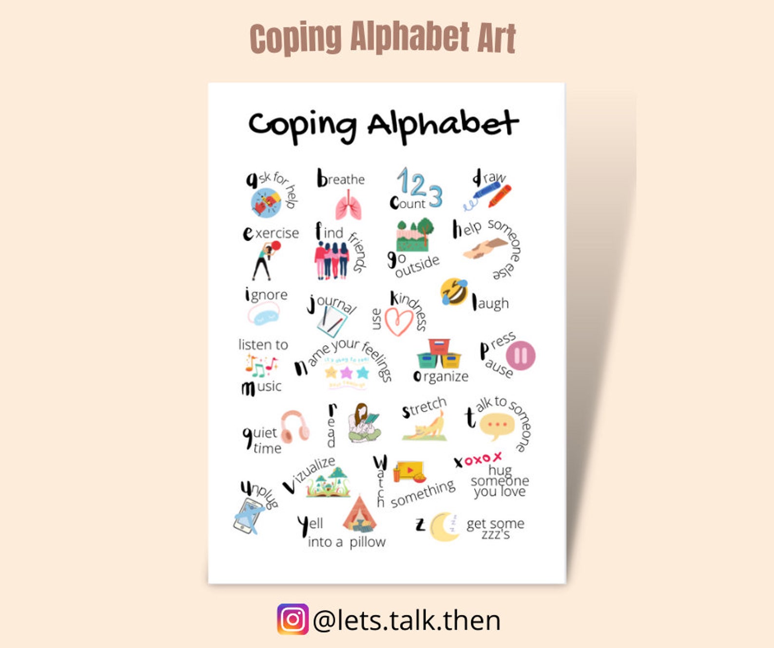 Coping Alphabet Art, Coping Skills, AZ Coping Skills, Coping Abcs